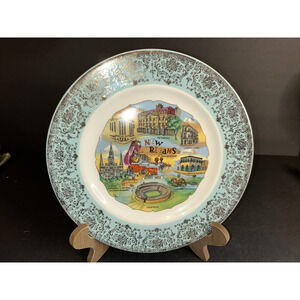 New Orleans Louisiana Sovenir Plate Vintage 9" w/ Gold Trim Travel Collectible